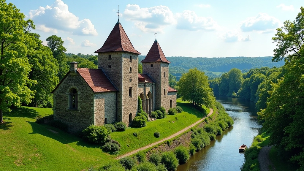 Sena pilis su upės delta nuotolyje, šviesus oras, vasara, medžiai šalia