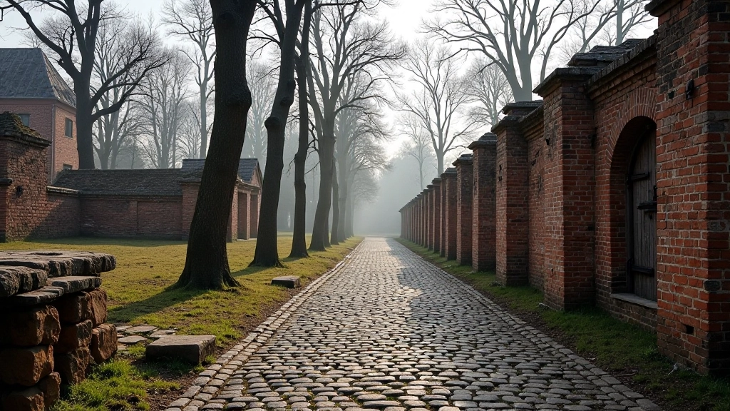 Seni grindinio akmenys su miesto likučiais, žiemą be lapų, nuotraukta iš žemės lygio