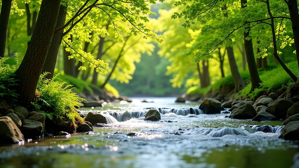 Pavasario upė su žaliomis lapų brinkstančiomis ir srauniais vandens srovės
