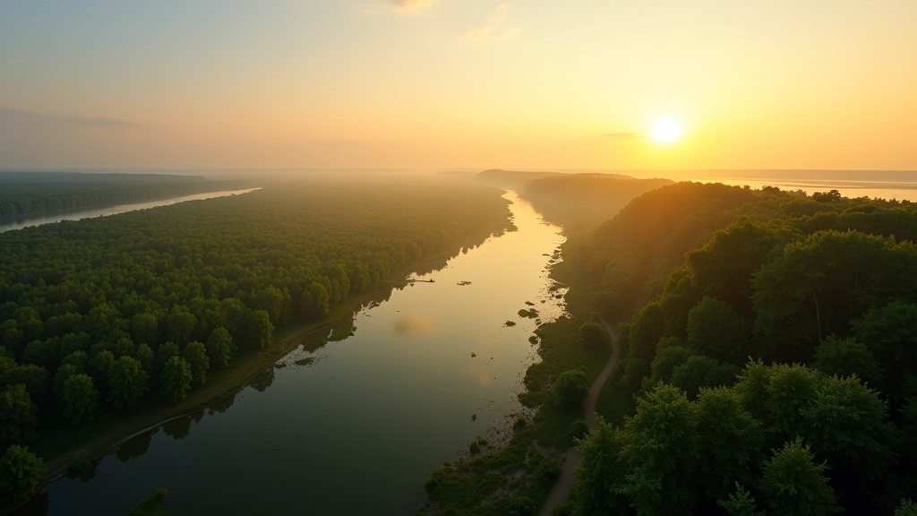 Upės delta su šilais, vasarą, saulės šviesa